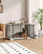 43.3" Dog Crate Furniture with Barn Door, Heavy Duty Dog Kennel Indoor with 2 Doors, Wooden Pet Cage End Table for Large Small Medium Dogs, Anti-Chew Anti-Escape, White Brown DFC92314B