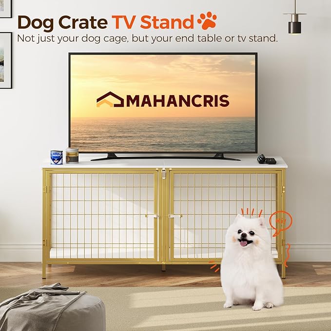 Dog Crate Furniture for 2 Dogs, 43.3" Dog Kennel with Removable Divider, Heavy Sturdy Dog Furniture Style Double Cage for Small Medium Dog, Indoor Pet House End Table, White and Gold