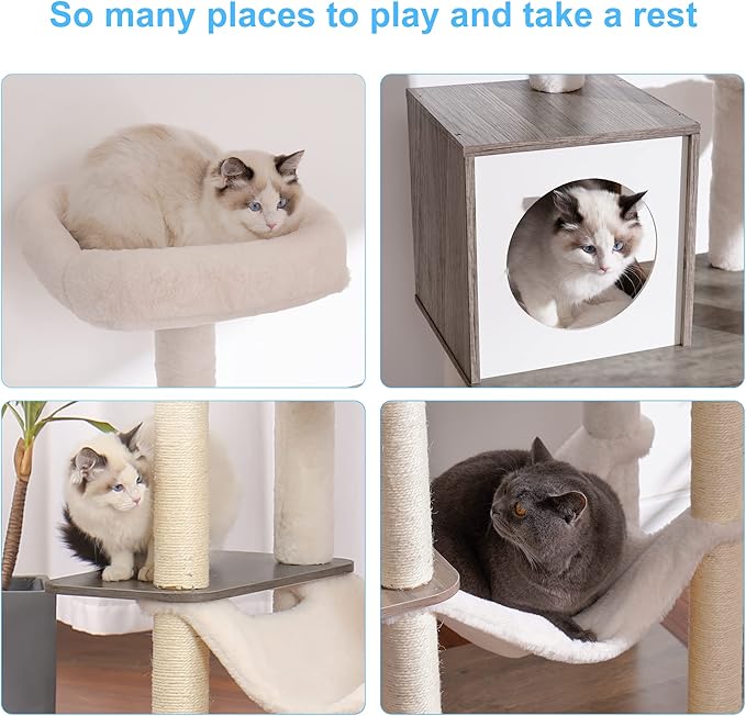 Hey-brother Wooden Cat Tree, 66.1“ Cat Furniture with Scratching Posts, Modern Cat Tower with hammocks, Toys, cat condo, Rustic Gray MPJ120SG