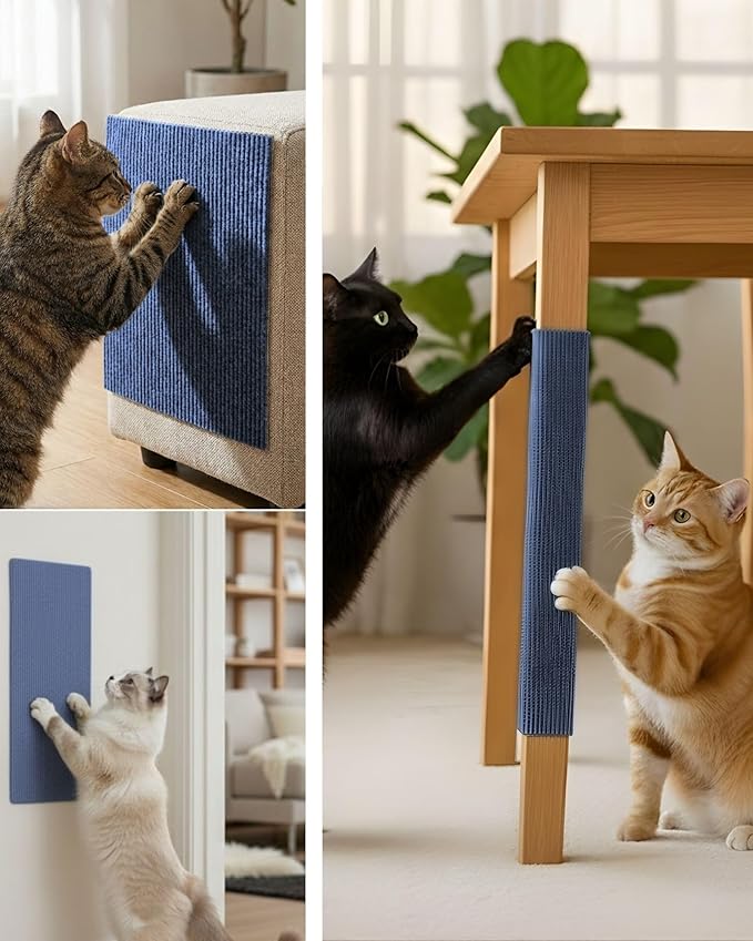 Trimmable Self-Adhesive Cat Scratch Mat, DIY Climb Scratcher for Cat Tower, Couch, and Furniture Protector, Replacement Pads (Blue, 23.6''x11.8'', 3-Pack)