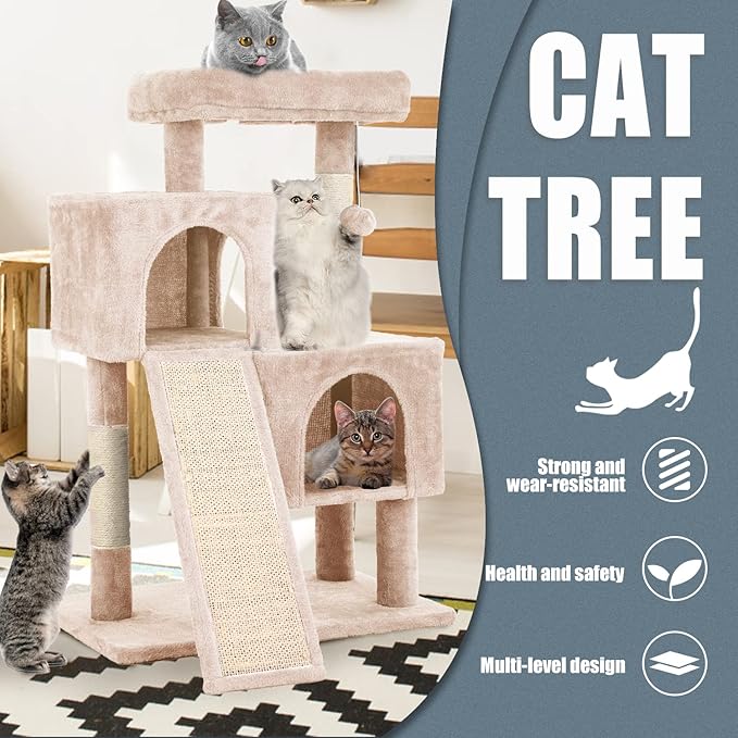 Cat Tree for Indoor Cats, 36in Cat Tower Multi-Level Cat Condo with Sisal Scratching, Scratching Board, Dangling Ball, Extra Large Perch for Cats and Kittens (Beige)