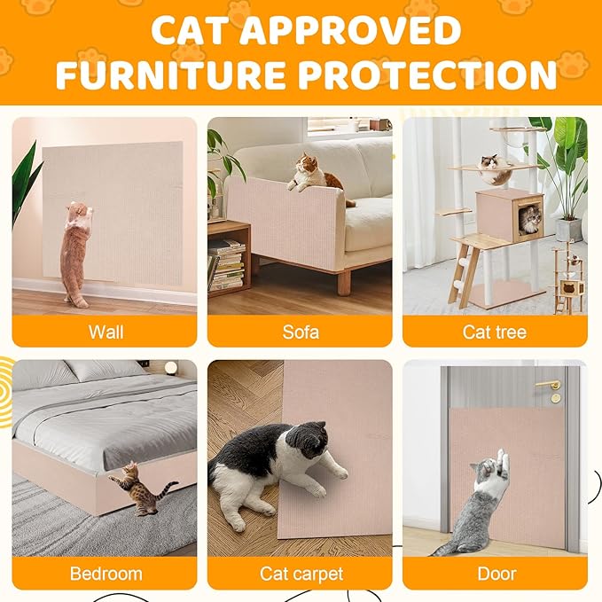 Cat Scratching Mat Self-Adhesive, 78.7'' x 15.8'', Trimmable Cat Scratch Pads Furniture Protector, DIY Climbing Cats Scratching Carpet for Couch, Door Frame or Wall Corner Protector (Khaki)