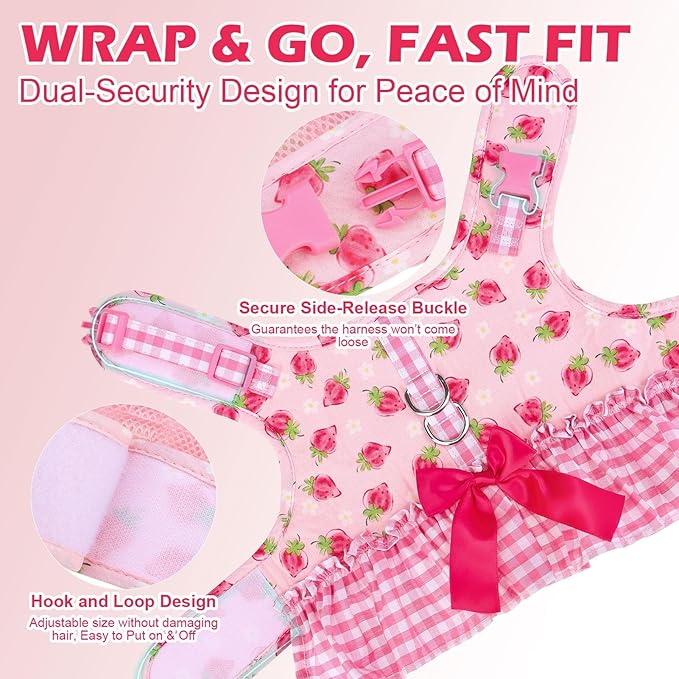 EXPAWLORER Dog Harness Small Medium Sized Dogs, Plaid Dog Dress Bowknot Harness and Leash Set, No Choke No Pull Soft Mesh Vest Cute Princess Puppy Outfits Clothes Costume for Girls Party Cats Pink XS