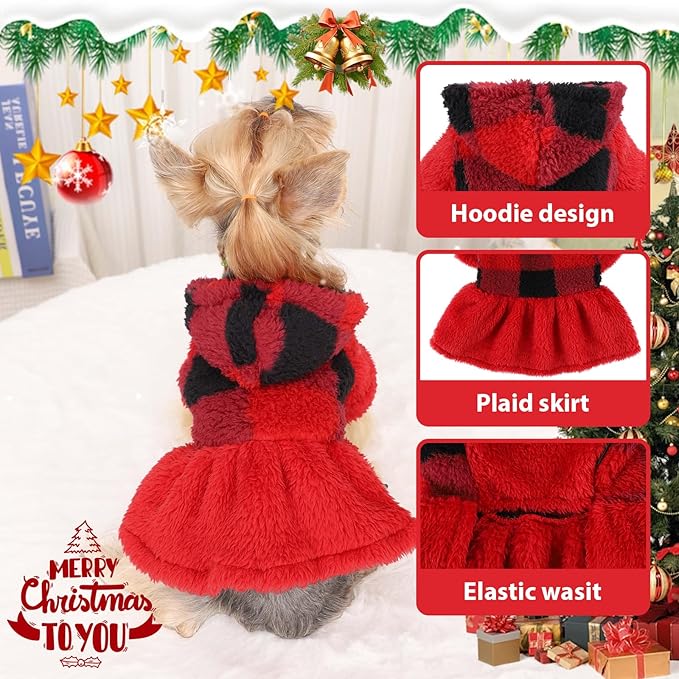 Dog Sweater Fleece Dog Hoodie Winter Puppy Clothes for Small Dogs Boy Girl Pet Cold Weather Doggie Coats Fall Doggy Sweatshirt for Chihuahua Yorkie Cat Sweater Costume, Red Plaid, XS