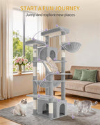 Large Cat Tree, 72 Inch Tall Indoor Cat Tower for 6 Large Cats, Corner Climbing Activity Pet Condo with 2 Large Platforms/2 Cats House/6 Scratching Post/1 Hanging Basket, Light Gray MS18318LG