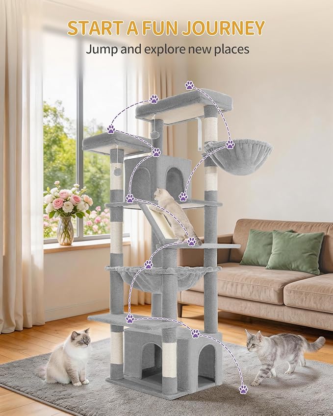 Large Cat Tree, 72 Inch Tall Indoor Cat Tower for 6 Large Cats, Corner Climbing Activity Pet Condo with 2 Large Platforms/2 Cats House/6 Scratching Post/1 Hanging Basket, Light Gray MS18318LG