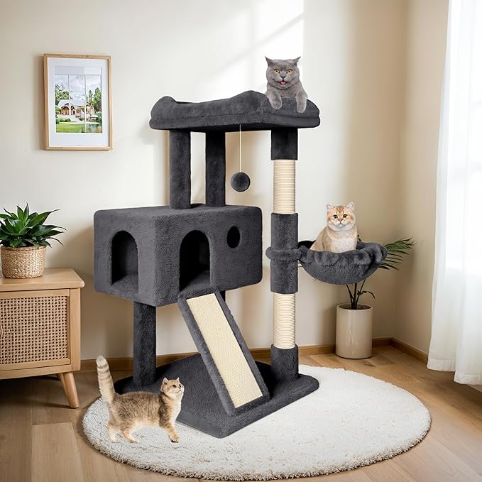HOOMIC 36" Cat Tree for Indoor Kitty, Multi-Level Condo with Sisal Scratching Posts and Board, Cozy Hammock, Padded Plush Perch for Kittens, Dark Grey