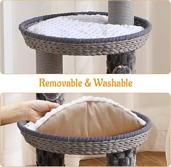 HITTITE Modern Cat Tree Tower with Scratching Post, 46 Inches Tall Cat Towers with Woven Cat Nests and Cave, Multi-Level Cat Tree With Removable Cushions and Massage Brush for Indoor Cats Large Adult.