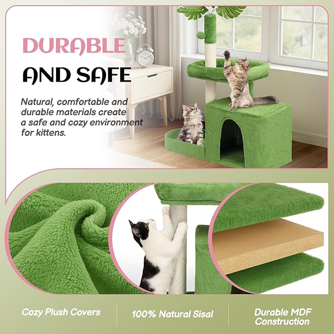 Outvita Cat Tree 36in Monstera Cat Tower with Leaves, Multi-Level Cat Tree Tower with Cat Scratching Post, Cozy Cat Condo, Padded Beds, Dangling Ball for Kittens and Indoor Cats, Green