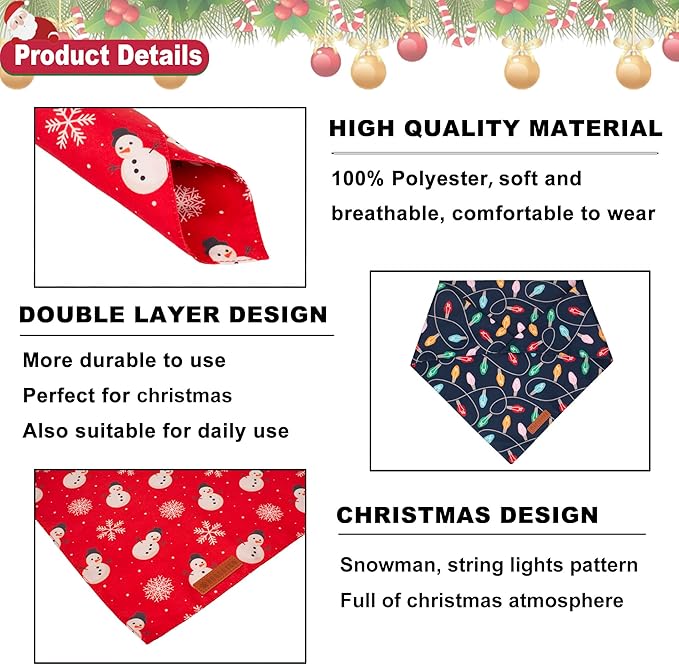ADOGGYGO Christmas Dog Bandana, Snowman Xmas Pet Scarf, Premium Durable Fabric, Christmas Bandanas for Medium Large Dogs Pets (Large)