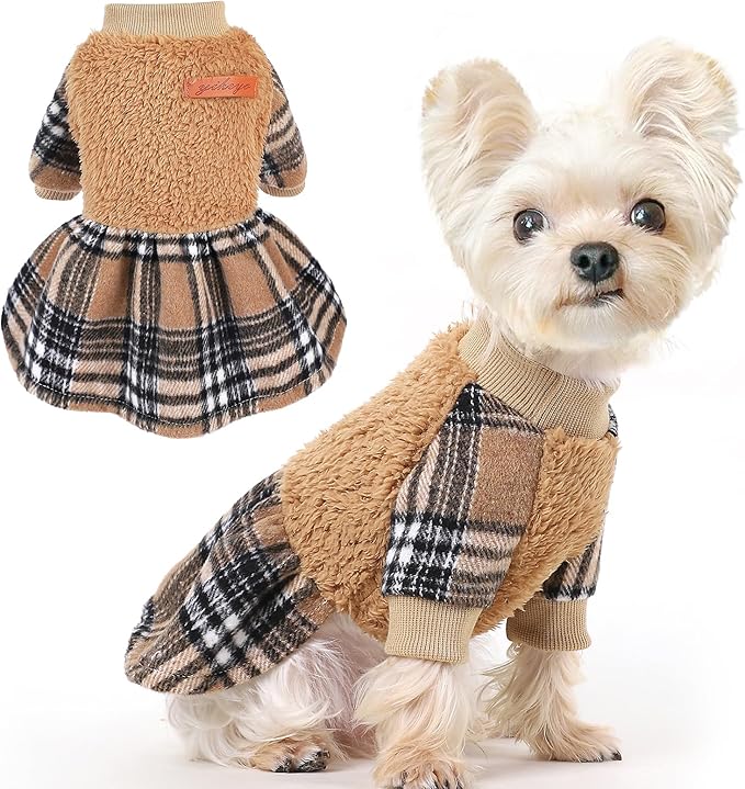 Dog Sweater Dog Winter Clothes for Small Dogs Boy Girl Fall Puppy Dress Warm Fleece Chihuahua Yorkie Teacup Doggie Sweaters Dresses for Small Dogs Girl Cat Outfits, Brown Plaid, XS