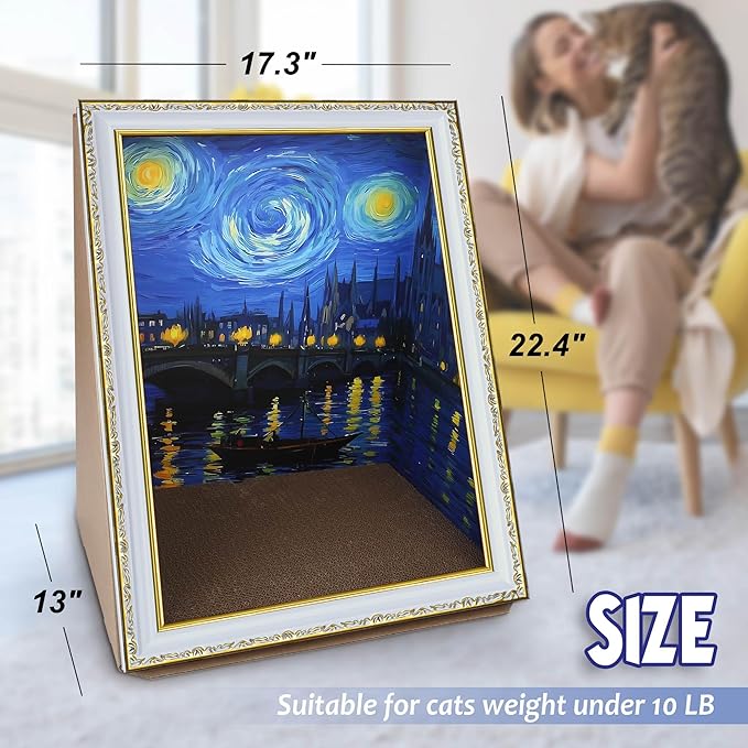 Cardboard Cat Scratcher, [Van Gogh Inspiration] Oil Painting Cat Scratching Board with Frame, Recycled Cat Scratch Pad for Indoor Cats, Cat Bed with Vintage Art Picture, Starry Night
