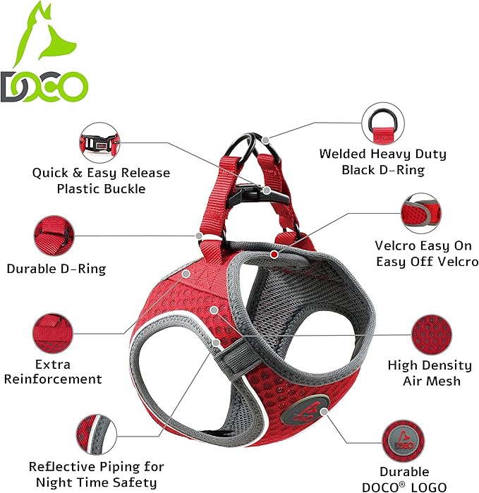 DOCO No Pull Dog Harness for Small Dogs | Adjustable Choke-Free Dog Vest with Breathable Air Mesh | Lightweight & Reflective for Training & Daily Walks – Red, Small (Chest 14.5–15.5 in, 6–10 lbs)