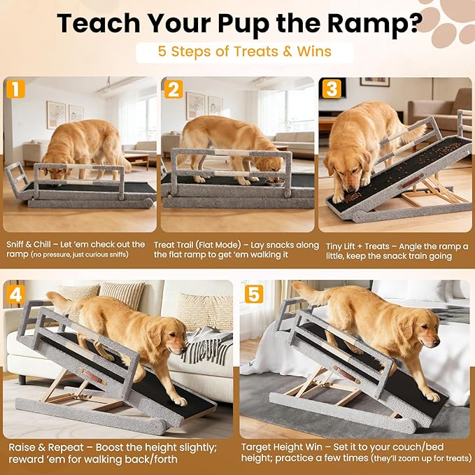Dog Ramp for Bed, 5 Adjustable Height Wooden Ramp for Dogs from 16"–32", 17" Wide Pet Ramps for Dogs to Get on High Bed/Couch/Car with Soft Padding & Anti-Slip Grip, Up to 250LBS for Small/Large Dog
