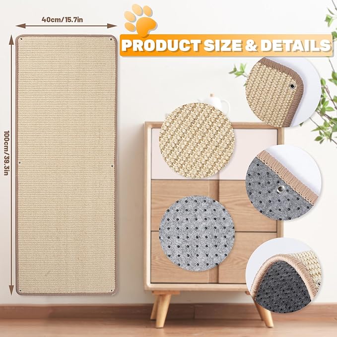 Natural Sisal Cat Scratching Mats 1 Pack, Cat Scratch Furniture Protector,Wall Mounted Wall Climbing Carpet, Horizontal Cat Scratcher Rugs for Furniture Protection, 39.3" Lx15.7 W, Sisal Color