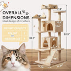 52.5in Cat Tree, Multi-Level Cat Tower with Spacious Kitten-Ear Perch, 2 Cozy Caves, Scratching Posts, Climbing Ladder, Durable Pet House Furniture for Indoor Kittens,Beige