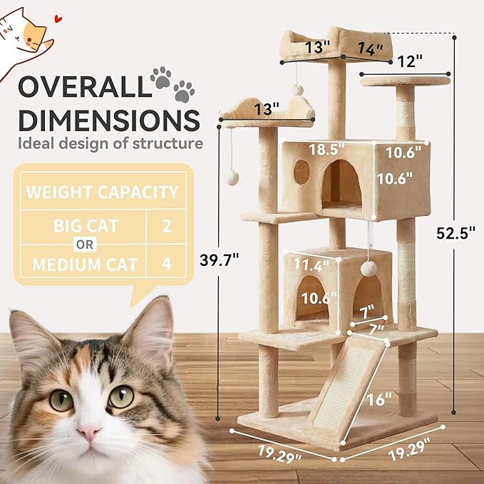 52.5in Cat Tree, Multi-Level Cat Tower with Spacious Kitten-Ear Perch, 2 Cozy Caves, Scratching Posts, Climbing Ladder, Durable Pet House Furniture for Indoor Kittens,Beige