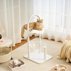Modern Cat Tree, Wood Cat Tower with Steel Frame, Scratching Posts, Cat Capsule, Plush Mat, Bell Dangling Toy, Aesthetic Minimalist Heavy-Duty Cat Climbing Tree for Large Indoor Adult Cats-White