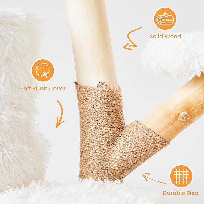 35-Inch Cat Tree for Indoor Cats, Multi-Level Tower with Sisal Posts, Dual Condos, Cushioned Perches & Removable Soft Cover, Natural Wood, Modern Cat Furniture for Large Cats, White