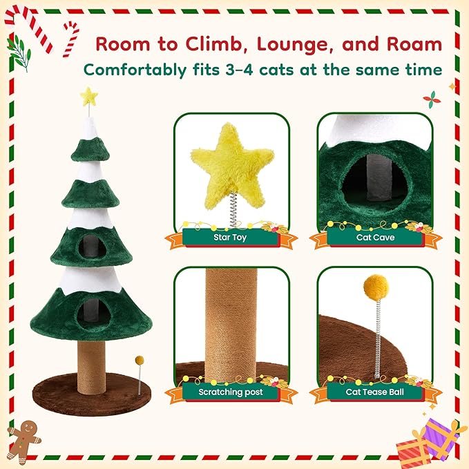 Cat Tree, 62" Cat Tower with Heavy Duty Base and Scratching Posts, Multi-Level Plant-Like Cat Furniture, Sisal Cat Scratcher & Cozy Cat Condo, a Holiday Favorite for Indoor Cats,Green