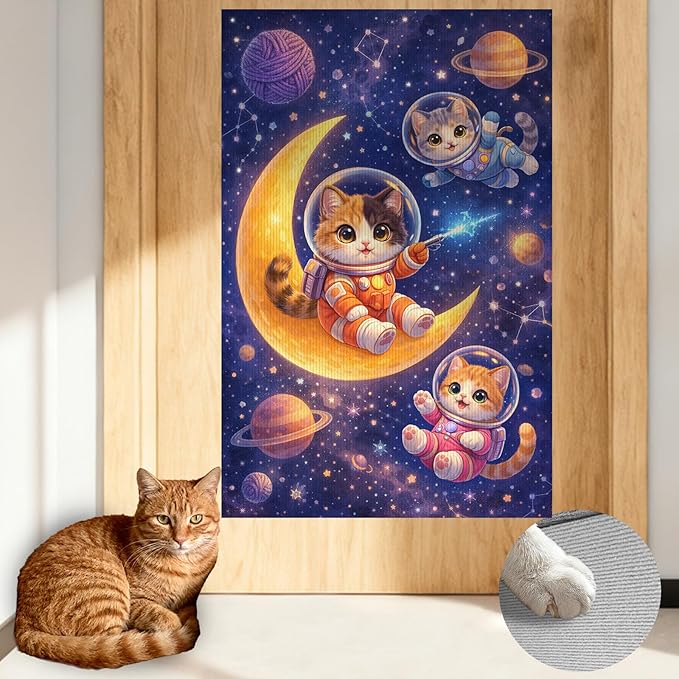 Nuxovilar Cat Scratching Mat 15.3x23.6 Inches Polyester Synthetic Fiber, Astronaut Kittens on Moon Print, wall cat Scratcher, Scratch pad, Home Decor, Kids Room, Play Area (2pcs)