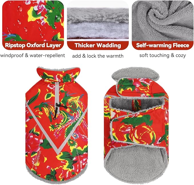 VIVAGLORY Snowrap Dog Coat, Jacket with Harness Hole, Dog Coat for Winter & Cold Weather, Fluffy Warm Fleece Lined Reflective Water Resistant for Puppy, M, Northeast Florals-Red