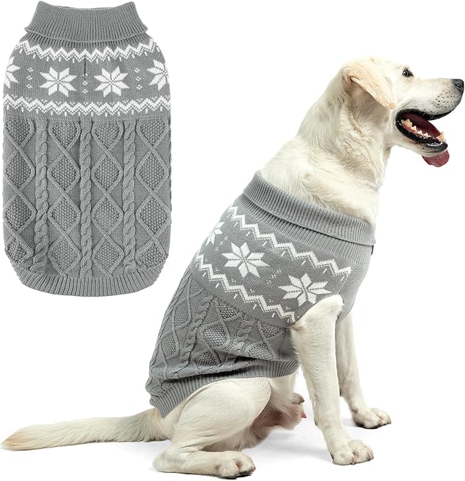 Warm Winter Pink Dog Sweater - Cold Weather Pet Clothes for Small Medium Large Dogs Indoor Outdoor, Soft Classic Knit Puppy Apparel Coat, Grey, XL
