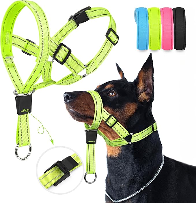 Weesiber Soft Dog Head Collar - Adjustable Dog Head Harness, Padded No Pull Head Halter Collar with Reflective Safety Strip for Training and Walking(Green,L)