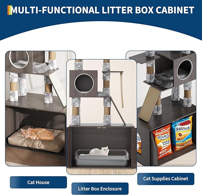 Cat Tree with Litter Box Enclosure, Large Condo & Hidden Cat Litter Box, Multi-Level Cat Tower with Hammock, Scratching Posts, Storage Cabinet & Food Station for Indoor Cats