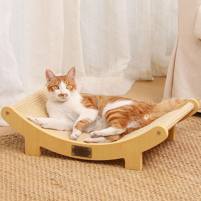 FUKUMARU Cat Scratcher Bed Sisal, 23.6 Inch Durable Scratching Bed for Indoor Cats, Large Cat Scratch Pad, Natural Sisal Hammock, Solid Wood Frame Lounger Chair for Sleep & Scratch (Wood)