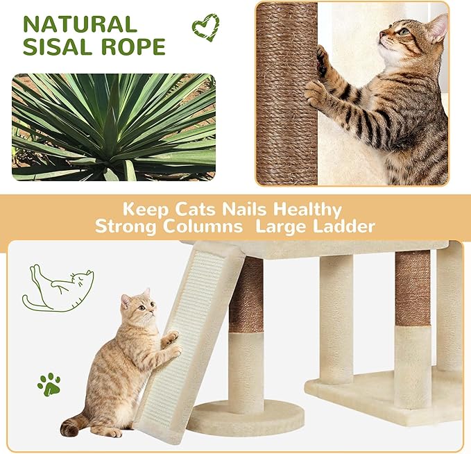 Globlazer 81" Cat Tree Tower for Large Cats, Heavy Duty Cat Tree for 6 Maine Coons & Ragdolls, Multi-Level Stable Activity Center with 3 Hammocks 7 Sisal Posts 2 Condos & Scratching Board, F81D, Beige