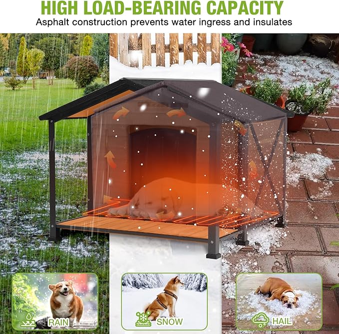 GUTINNEEN Extra Large Heated Outdoor Dog House Weatherproof Dog Kennel with Anti-Chewing Iron Frame, Wooden Insulated Dog Shelter with Porch, Heating Pad and Insulated Liner for Winter
