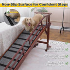 Dog Ramp for Bed or Couch, Wooden Pet Ramp with 20° Gentle Slope, Removable Side Rails, Non-Slip Surface, Top Platform & Wheels, Safe Bed Ramp for Small, Large & Senior Dogs, 74" Long, Mahogany