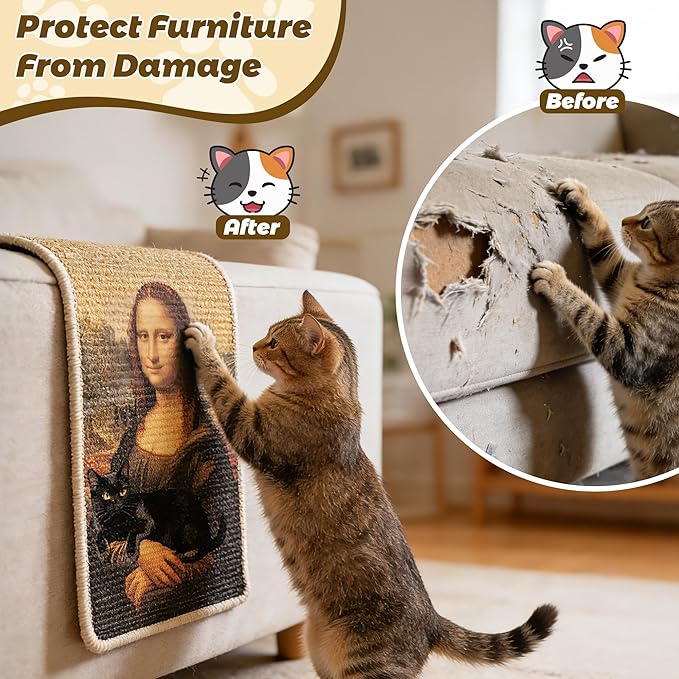Mona Lisa Sisal Black Cat Scratcher Pad for Indoor - Wall Mounted 24x16 Inch Scratching Mat with Adhesive Hook Loop Tape Protect Couch Carpet Durable Cat Wall Scratcher for Furniture Protect