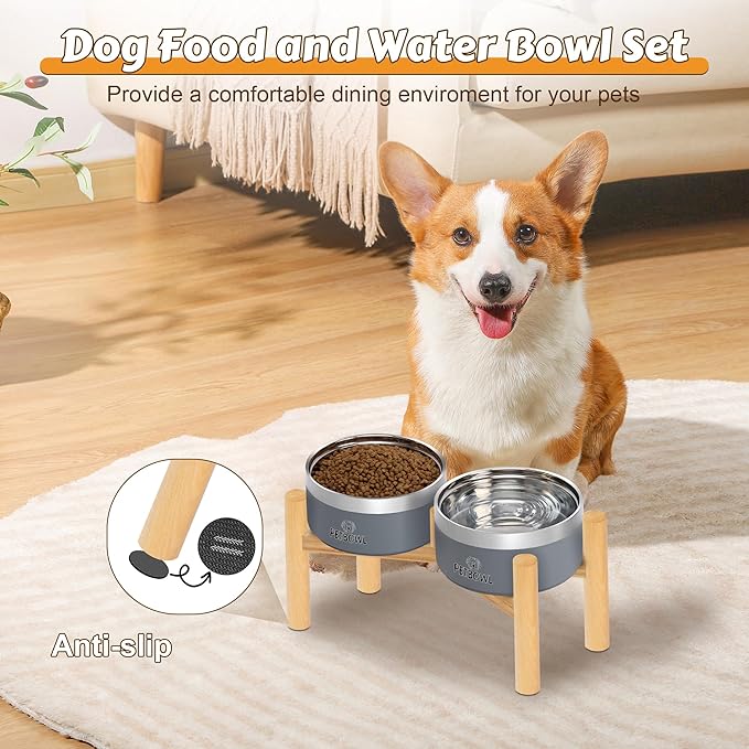 UPSKY Elevated Dog Bowls – 27oz Stainless Steel Anti-Spill Set with Wooden Stand, Double Raised Bowls for Small/Medium Dogs to Reduce Neck Strain & Improve Digestion