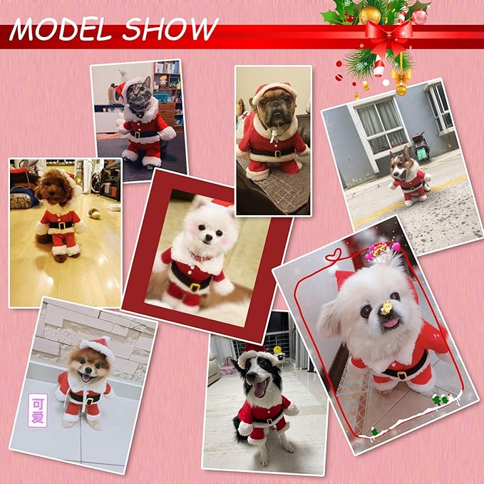 QETRABONE Small Dog Cat Christmas Santa Claus Costume - Red Santa Hat Scarf Cosplay Dressing Up Xmas Party New Year Clothing Accessories (X-Large)