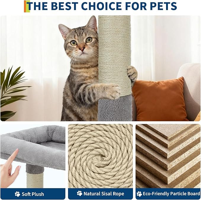 74" Tall Cat Tree,Large Cat Tree for Big Cats,Cat Tower with Scratching Posts, Condo, Perches, Hammock, Tunnel & Feeding Station,Deep Gray