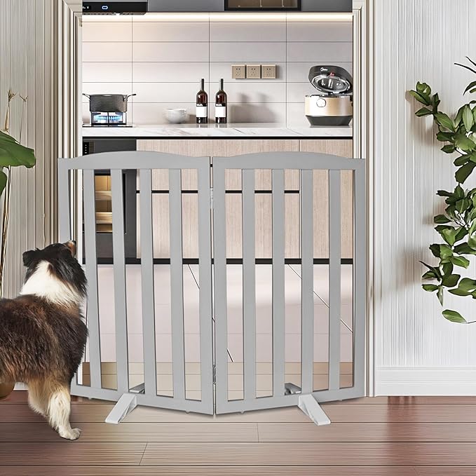 ZJSF Foldable Freestanding Indoor Dog Gate for House Wood Long Pet Gates Dog Fence for Stairs Puppy Gates for Hallways, Puppy Gate,Support Feet Included, Grey, 32 "Height-2 Panels
