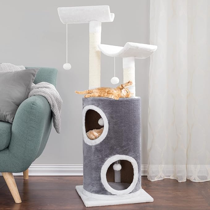 5-Tier Cat Tower with 2 Napping Perches, 2 Story Cat Condo, 2 Sisal Rope Scratching Posts, Hanging Toys – Cat Tree for Indoor Cats by PETMAKER (Gray)