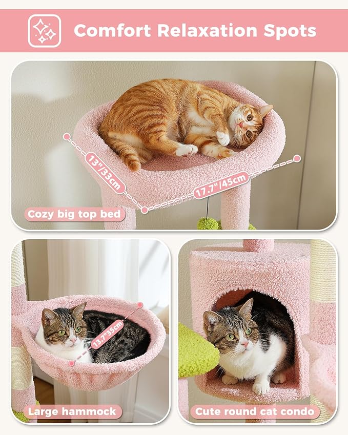 59" Flower Cat Tree for Large Cat, Multi-Level Tower, Cute Cat Tower for Indoor Cats, Cat Condo with Large Hammock, Scratching Post, and 2 Perches, Pink