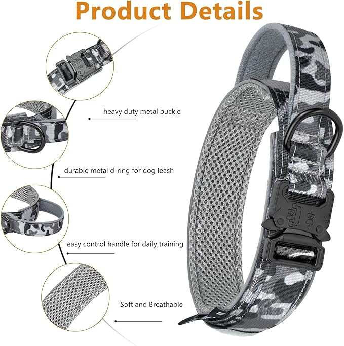 HYDEME Tactical Dog Collar, Alpine Loop Adjustable Military Training Nylon Dog Collars with Handle and Reflective for Small Medium Large Dogs, with Airtags Protective Case & Patches.(M,Camo)