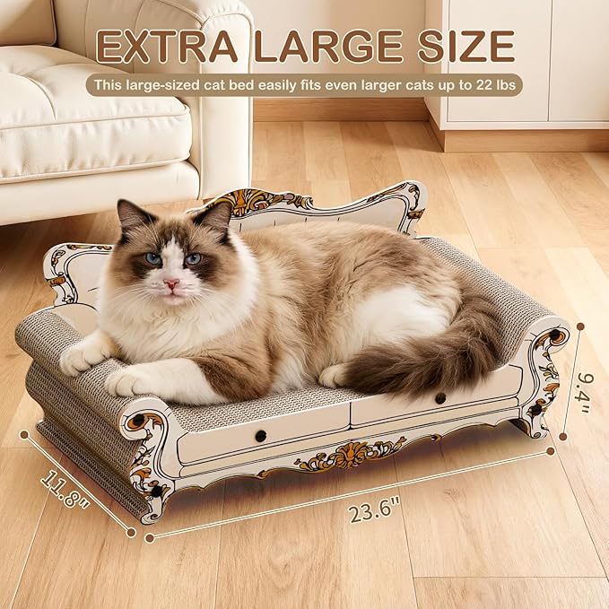 Cat Scratcher Bed,Sofa-Shaped Cat Scratcher Couch, Large Luxury Durable Cardboard Sofa Scratcher Pad Furniture Protector for Indoor Cats Scrach,Rest and Play,23.6 Inches,Beige