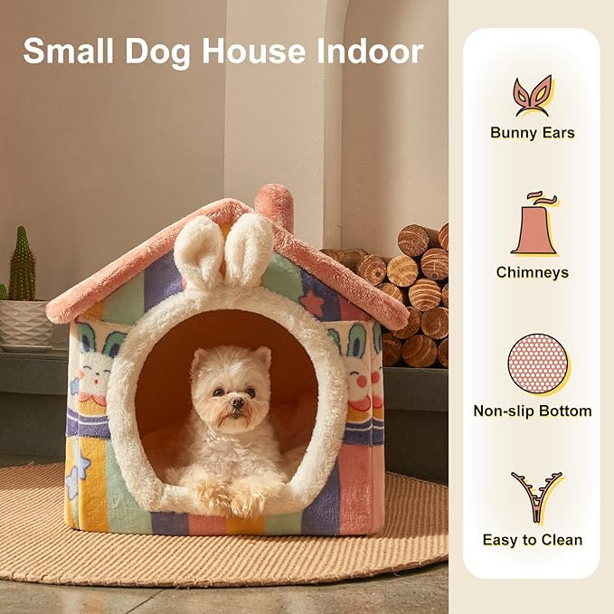 JIUPETY Cute Small Dog House Indoor, Foldable House Kennel Bed Mat with Cushion, L Size Tent for 11-16 lb Dogs and 18-22 lb Cats, Dog Cave Bed with Non-Slip Bottom, Rainbow