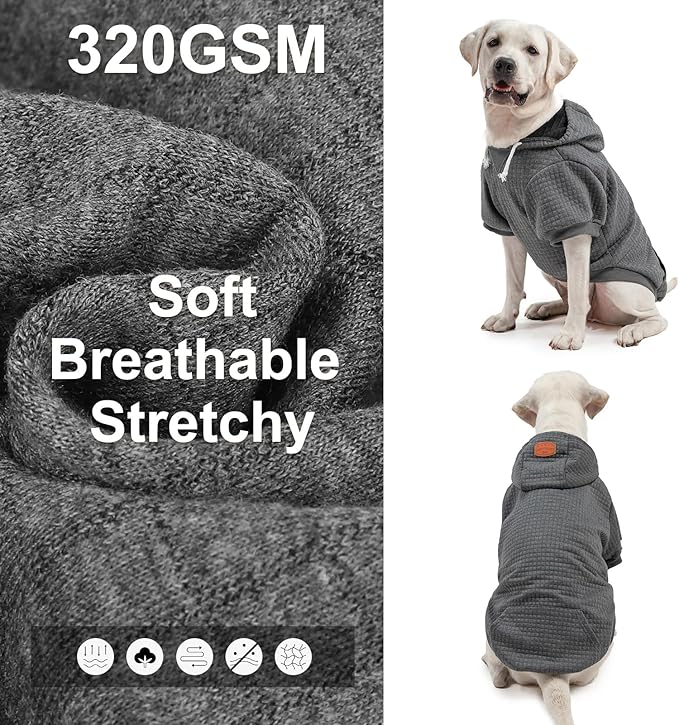 BEAUTYZOO Small Dog Hoodie Sweater with Pockets, Dog Clothes for Small Medium Dogs Boy Girl, Waffle-Like Laminated Cotton Pet Coats with Hat and Leash Hole, Dark Grey M