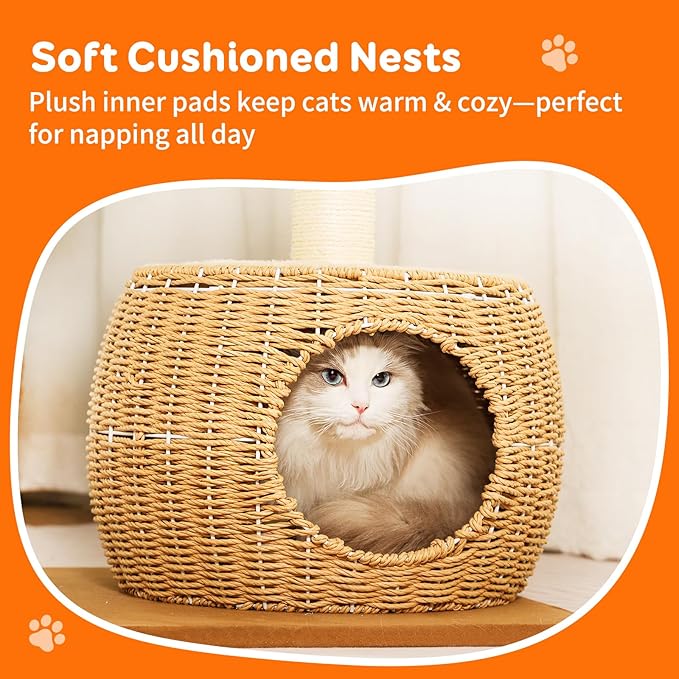 Modern Cat Tree Tower,Rattan Cat Tree Condo,Sisal-Covered Scratching Posts for Indoor Cats, Multi-Level Cat Condo with Space Capsule Nest, Tall Cat Tree for Multiple Large Cats