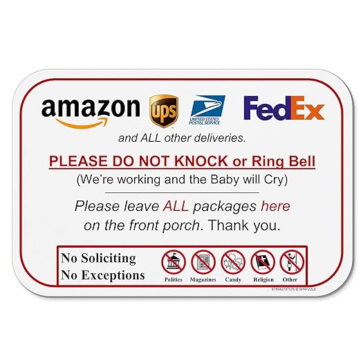Leave Package Sign - Do Not Knock or Ring Bell (Baby Will Cry)