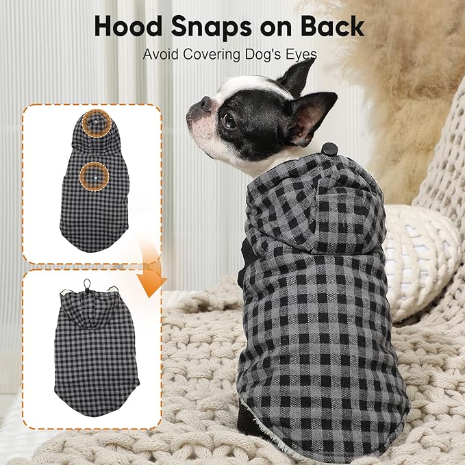 Fleece Lining Dog Hoodie for Small Dogs Extra Warm Plaid Sweater with Drawstring Hooded Coats in Winter Puppy Jacket,Black XS