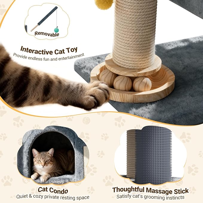 【SteadyCore】 PetDance All-in-1 Cat Tree Tower with Heavy Duty Board, Solid-Wood,Small Cat Tower with Multiple Fun:Interactive Track Ball Toy & Self-Grooming Brush for Indoor Cats,Light Gray