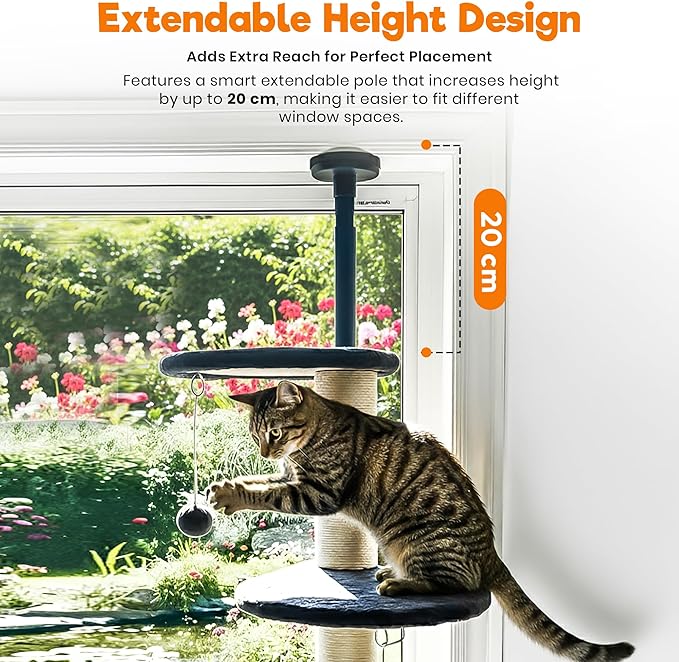 Window Cat Tree & Small Cat Tower (89.5-105.5cm) – Adjustable Cat Window Perch & Shelf for Indoor Cats – Sturdy Window Sill Extender Seat for Large Cats