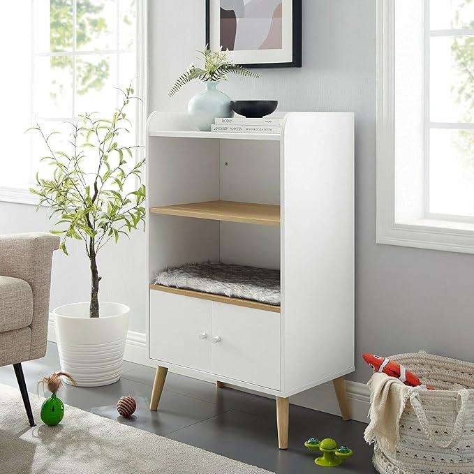 Sam's Pets Becky 39" Single Rest Cat Tree, White - Drawer, Bookshelf, Multi-Use, Soft Fur Cushion, Elevated Wooden Legs
